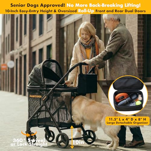Image of PAWZIDEA Dog Stroller for Large Dogs up to 80 lbs, Lockable No-Zip 180 Reversible Canopy, One-Hand Foldable Pet Stroller for 2 Medium Dogs, All-Terrain Jogger Wheels, Storage Organizer, Chew-Proof