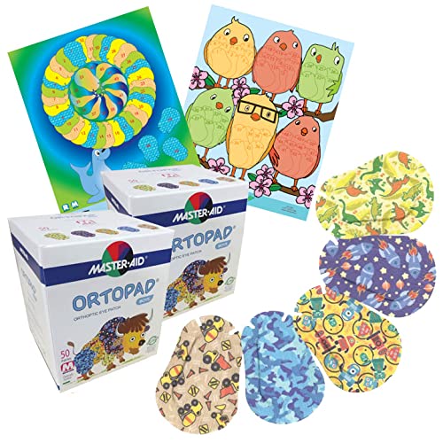 OrtopadBamboo 100-Pack for Boys, Adhesive Eye Patches, Medium Size, 2 Posters Included
