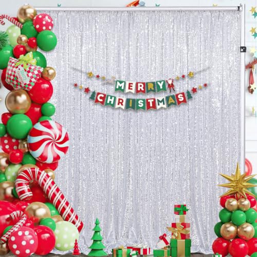 Image of Silver Sequin Backdrop Curtain Drapes 8ftx8ft Glitter Fabric Photo Backdrop | Twilight Sparkle Photo Backdrop Curtain for Wedding /Baby Shower /Pincess Happy Birthday /Graduations /New Years /Theme Party
