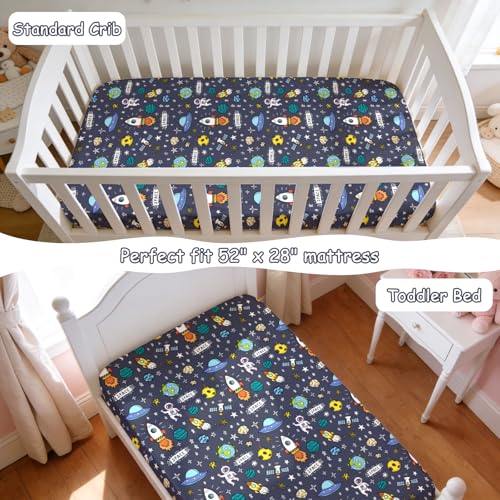 Image of JISEN Baby Crib Sheets Soft Breathable Space Fitted Crib Sheets for Standard Crib and Toddler Mattress Baby Bed Sheets for Boys Girls Neutral 52x28 Inch Navy