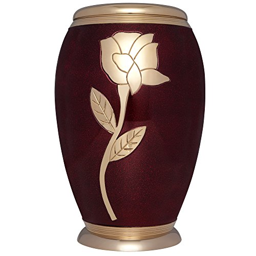 Liliane Memorials Burgundy Funeral Cremation Urn with Gold Rose Flower Talia Model in Brass for Human Ashes Suitable for Cemetery Burial Fits Remains of Adults up to 200 lbs, 10x6.4 Inch (Pack of 1)