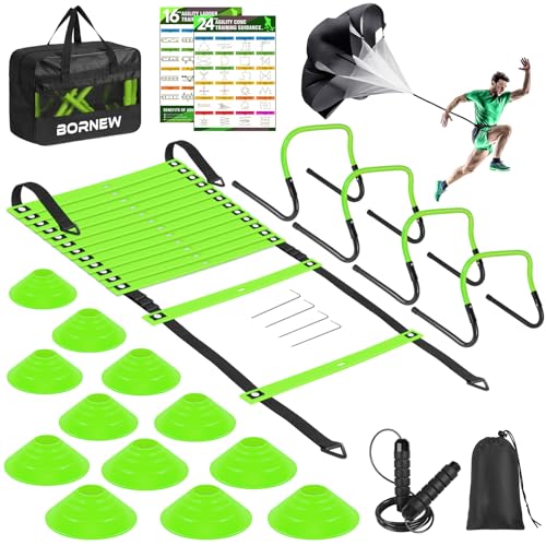 Soccer Training Equipment, Agility Speed Training Set with 20ft Speed Ladder, 12 Cones, 4 Adjustable Hurdles, Jump Rope, Parachute | Ideal for Basketball, Football Practise, for Kids, Youth, Adults