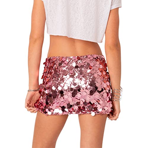 Himllauen Women Sequins Mini Skirt Shiny Summer Autumn Dance Street Club Party Short Dress Streetwear Aesthetic Clothes (Pink, S) - Image 5