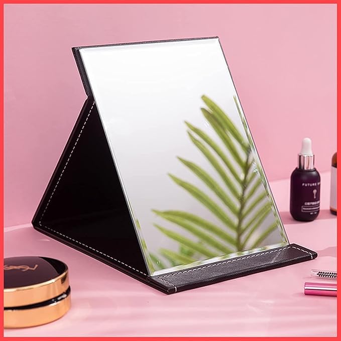 Image of Folding Round Compact Mirror with PU Leather Cover & Stand | Portable Vanity Mirror for Desk, Travel & Camping | Small Handheld Tabletop Makeup Mirror | Elegant Princess Design (Black)