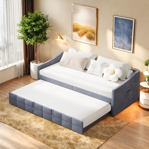 SHAODENG Ausziehbett 90x200, Schlafcouch mit Bettkasten, Schlafsofa Ausziehbar als Jugendbett or GäStebett, Tagesbett 2 Sitzer für Wohnzimmer,...