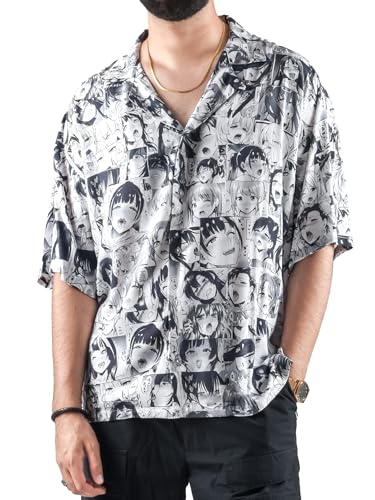 Image of ComicSense.xyz Unisex Anime Shirts for Men and Women, Ahegao Anime Faces Printed Kimono Fit Hawaiian Shirt