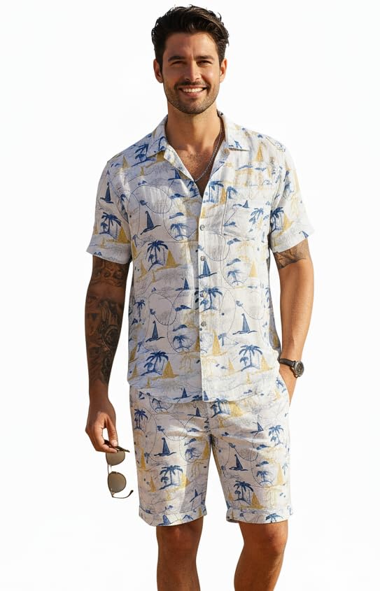 Image of Zilcon Men's Matching Set Summer Beach 2 Piece Outfits Floral and Palms Button Down Shirts and Shorts Goa Vacation Outfits