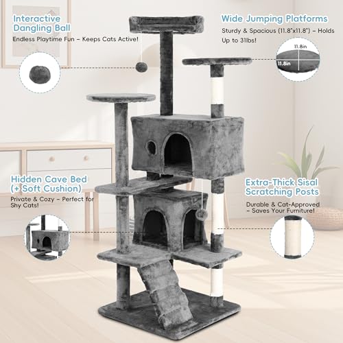 Torre para gatos grandes 54" alto con rascadores y cama miniatura 3