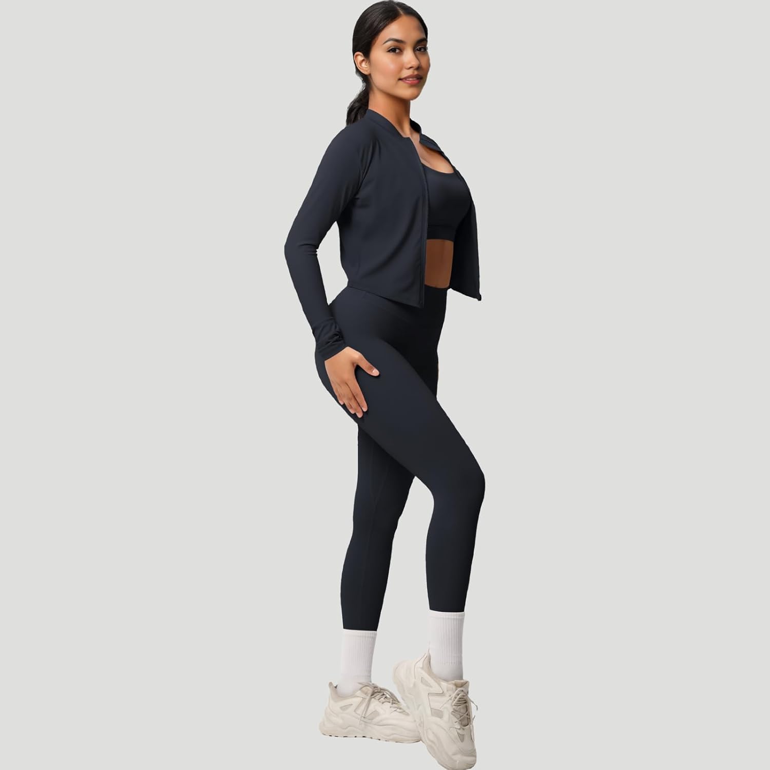 3 Piece Women’s Workout Set – Zip-Up Jacket, Sports Bra & High-Waist Leggings – Stretchy Breathable Yoga Outfit - Image 4