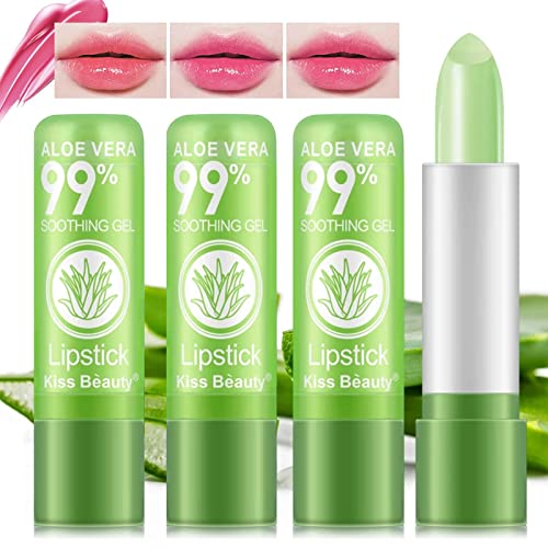 Aloe Vera Lipstick Color Changing Long Lasting Lip Care Nutritious Plumper Lip Balm Long Lasting Waterproof Moisturizing Lip Balm Lips (3 Sticks)