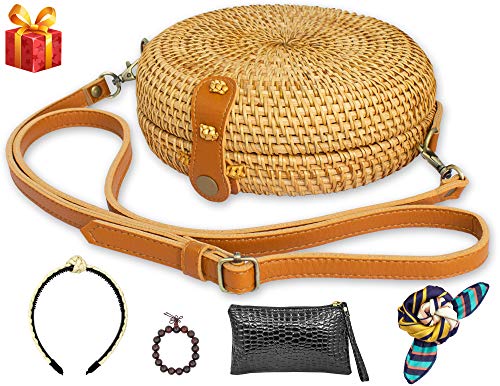 DENALIFE Round Rattan Bag With 4 FREE GIFTS (Handbag/Wallet/Scarf/Bracelet) Handwoven Wicker Straw Bag