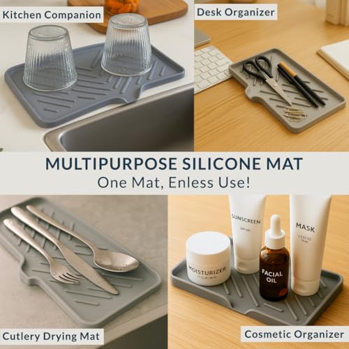 Image of HOMEZE Silicone Sink Drainer Mat 24x15 cm | Multipurpose Kitchen Sink Organizer Tray for Soap, Sponge, Brush Storage & Drying| Non-Slip, Heat-Resistant, Flexible & Easy to Clean Counter Mat