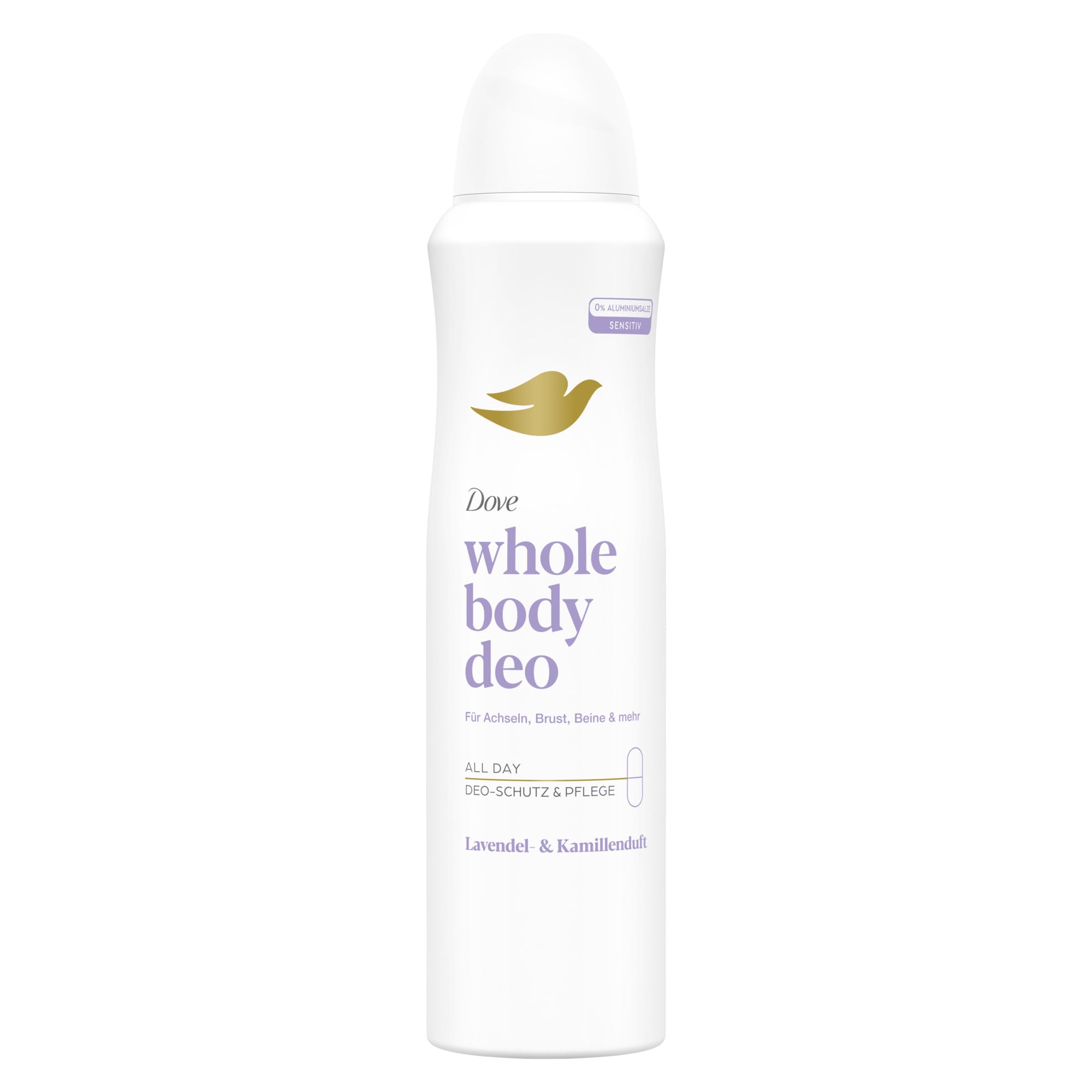 Dove Whole Body Deo Lavendel- & Kamillenduft Deospray mit 0% Aluminiumsalzen für Achseln, Brust, Beine und mehr 150 ml