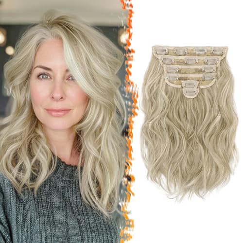 BARSDAR Ondulati Extension Capelli Clip, 6PCS Corto Ondulati Clip in Hair Extensions per Donna 30cm Testa Piena Sintetici Naturale Posticci Estensioni Dei Capelli - Grigio Marrone con Biondo