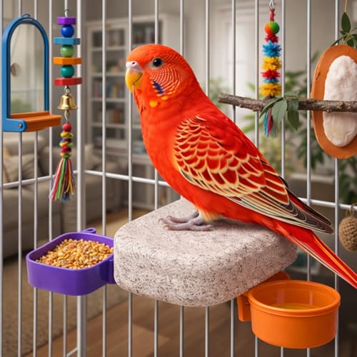 3er Set Wellensittich Zubehör, Natürliches Beschäftigungsspielzeug mit Kalkstein Sitzstangen, Einfache Montage im Vogelkäfig, Geeignet für Wellensittiche und Nymphensittiche