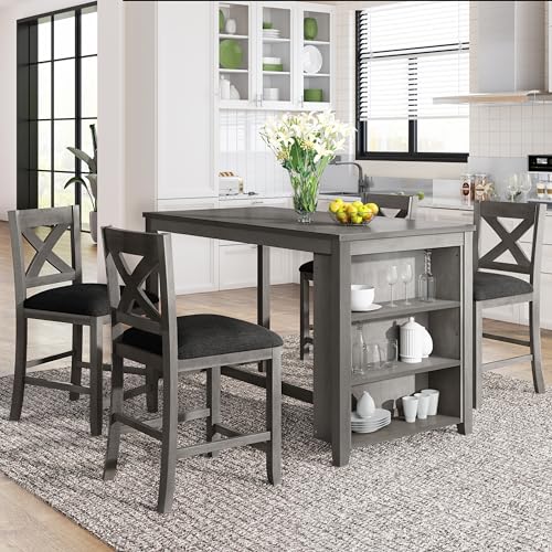 5 Pieces Counter Height Wooden Bar Table Set with 3-Tier Shelf and 4 Chairs, Rustic Farmhouse Dining Table Set for 4, Gray