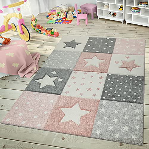 Paco Home Kids Rug For Nursery Checkered With Dots & Stars In Pink White Grey cover