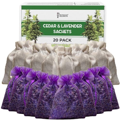 Professor Killamoth Cedar Chips and Lavender Sachets (20 Pack) - Stop Clothes Damage - Cedar and Lavendar Home Fragrance Sachets for Drawers and Closets