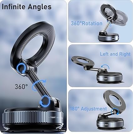Image of Magnetic Phone Holder with Vacuum Suction Cup Strong 360 Adjustable Swivel Stand for Car Dashboard, Mirror, Kitchen, Gym & Smooth Surfaces Upgraded Locking Mount (Design 2)
