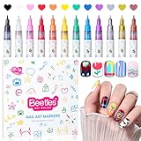 Beetles 12 Colors Nail Art Pens, 0.5mm Fine Line Nail Polish Pens Quick Air Drying Acrylic Paint Markers for Nails Art Design Painting Dotting Liner Brush, DIY Home & Salon Manicure Tools