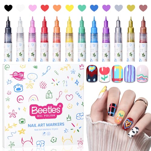 Beetles 12 Colors Nail Art Pens, 0.5mm Fine Line Nail Polish Pens Quick Air Drying Acrylic Paint Markers for Nails Art Design Painting Dotting Liner Brush, DIY Home & Salon Manicure Tools