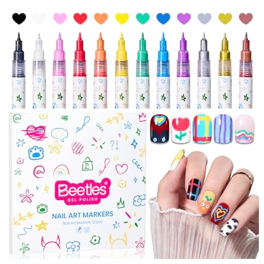 Beetles 12 Colors Nail Art Pens, 0.5mm Fine Line Nail Polish Pens Quick Air Drying Acrylic Paint Markers for Nails Art Design Painting Dotting Liner Brush, DIY Home & Salon Manicure Tools