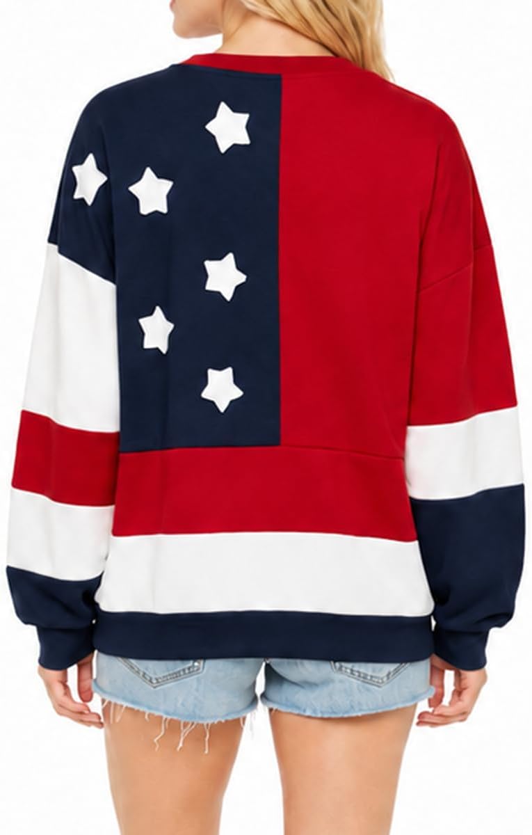 HOXIJIA Women 4th Of July Sweatshirt Long Sleeve Flag Graphic Oversied Casual Pullover Tops Patriotic Jumper