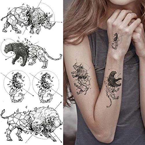 TASROI 17 Sheets Geometric Arrows Animals Temporary Tattoos For Women Men Adults Tiger Black Panther Lion Bear Waterproof Small Fake Tattoo Temporary For Kids Diamonds Whale Panda Scorpion Tatoos Set