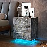 LED Nightstand Modern High Gloss Bedside Table with 3 Storage Drawers for Bedroom Wooden Smart Side Table End Table with LED Lights for Living Room Office (Grey Marble)