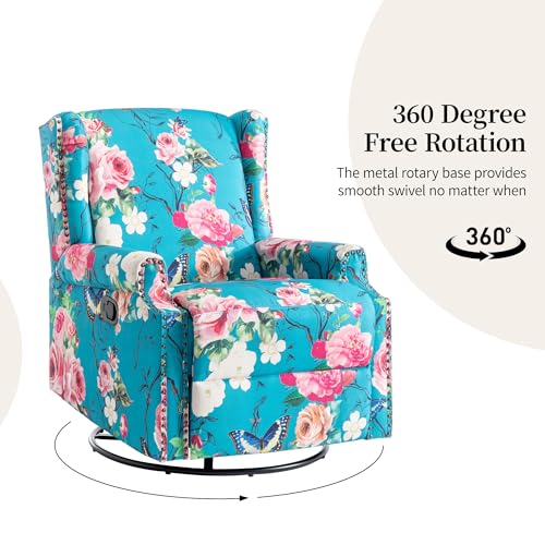 Image of Swivel Rocker Recliner Chairs Set of 2, 360 Swivel Wingback Recliner Chairs for Adults, Upholstered Printed Fabric Glider Rocking Chair with High Back, Deep Seat for Living Romm Bedroom, Peacock Blue
