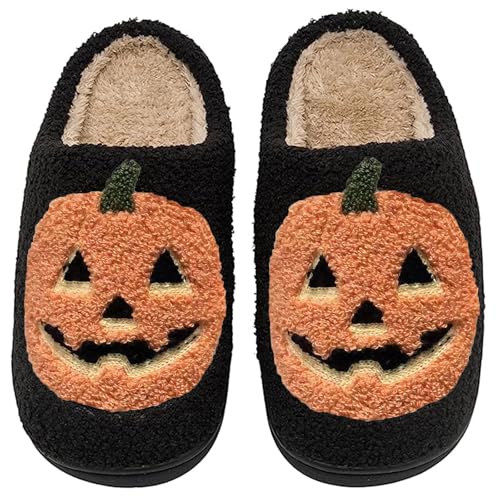 Image of Halloween Pumpkin Slippers for Womens Mens Plush Warm Spooky Lantern Pumpkin Slippers House Shoes