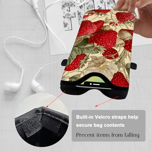 Image of Neoprene Cell Phone Sleeve Pouch Case Bag with Crossbody Strap Neck Lanyard for Women 7.1 X 3.9 in Green Leaf Strawberry