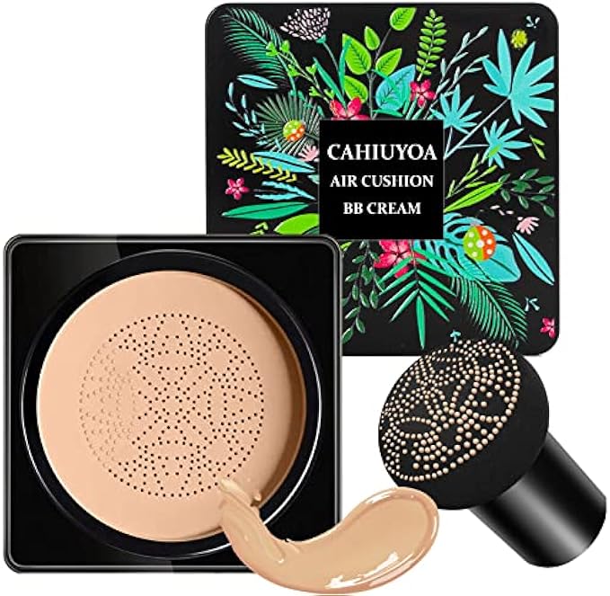 Mushroom Head Air Cushion CC Cream,CAHIUYOA BB Cream Foundation Full Coverage Concealer Long Lasting Liquid Matte Makeup Foundation with Mushroom Makeup Sponge-Natural