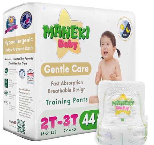 Image of Maneki Baby Hypoallergenic Potty Training Pants 2T-3T, 44 Count (16-31 lbs), Pull-On Diaper Pants & Training Underwear, Soft, Unscented & High Absorbency for Overnight & Daily Use (Pack May Vary)