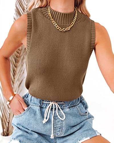 Image of Rilista Women Summer Knit Tank Tops Sleeveless Turtleneck Cami Shirts Ribbed Mock Neck Pullover Sweater Vests