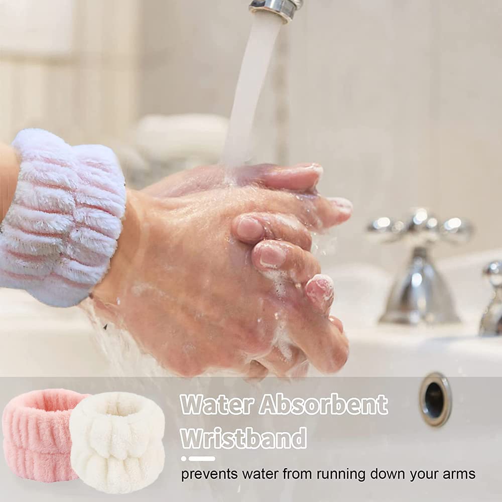 Stirnband zum Waschen des Gesichts, Spa-Armbänder, schnell trocknend, saugfähig, für Damen, 6 Stück (Rosa und Beige)