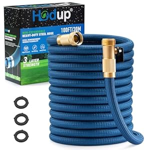 Garden Hose 100 FT, Premium Metal Stainless Steel Heavy Duty Kink-free Flexible Water Hose with Sturdy Lasting Fabric Skin and Solid Brass Fitting for Yard watering and Car Washing (Blue, 100 ft)