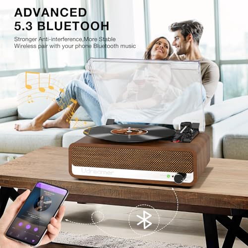Image of Vinyl Record Player with Speakers,3 Speed Turntable with Bluetooth, Aux, Headphone Jack, RCA Output and Auto Stop,Mirror Vintage Wooden Walnut