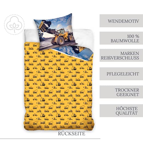 Bagger Bettwäsche Bettbezug 135x200 80x80 Baumwolle · Kinderbettwäsche Baustelle für Mädchen und Jungen · 2 teilig · 1 Kissenbezug 80x80 + 1 Bettbezug 135x200 cm - Image 4