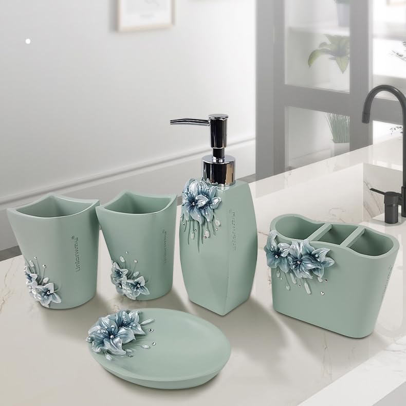 Bathroom Accessories Set of 6, Toiletry Storage, Shampoo and Body Wash Holder, Soap Dish, Soap Dispenser, Toothbrush Holder, Decoration