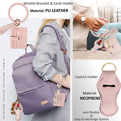 BIHRTC PU Leather Wristlet Bracelet Keychain ID Credit Card Holder with Leather Tassel Neoprene Clothing Charpstick Bag Holder Large Bangle Wrist Key Ring for Women Girls Outside — view 4