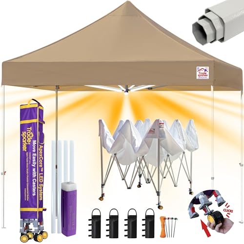 Image of Tradesparker 10x10 Pop Up Canopy Tent,Commercial Movable Canopy with ApexCore LED&Rugged Casters-Instant Easy Setup Shelter Canopies with Weight Bags&Stakes for Outdoor Events Markets Vendors,Beige