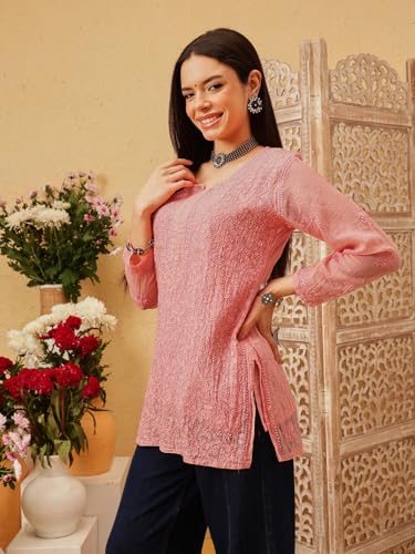 Image of Ada Women's Cotton Blend Regular Fit Tunic Hand Embroidered Lucknowi Chikankari Kota Western Top Kurti With Slip A911184
