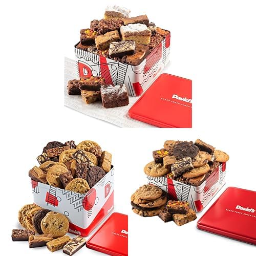 David’s Cookies Deluxe Treats Trio – Assorted Brownies & Crumb Cake Gift Basket Tin, Assorted Cookies and Brownies Party Pack, and Gourmet Assorted Cookies and Brownies Gift Tin Basket