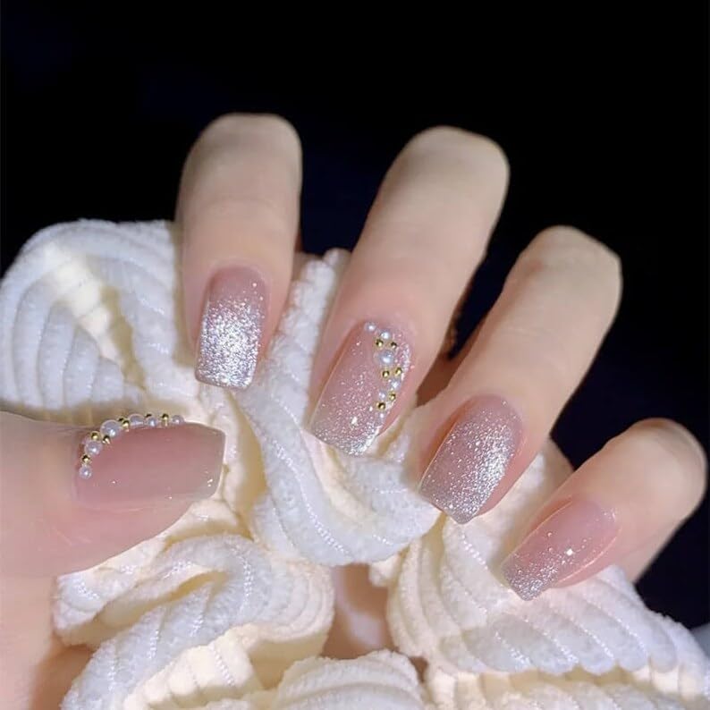 artificial nails extension pink silver color with 3D white and golden pearl fake nails design 24 pieces set (Jelly Stick Sheet and Glue Included)