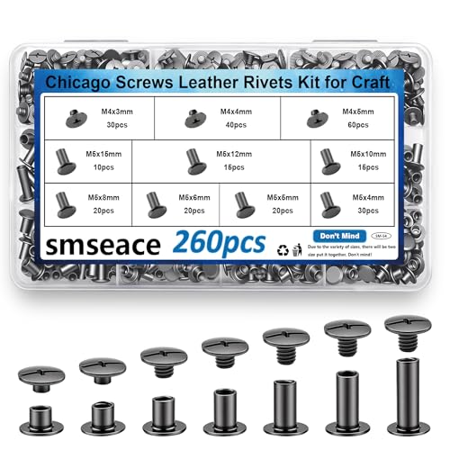 smseace 260Pcs Black Chicago Screws 7-Sizes Leather Rivets Kit M5x4 5 6 8 10 12 15 Rivets for Fabric Leather DIY Craft Pack in Plastic Box