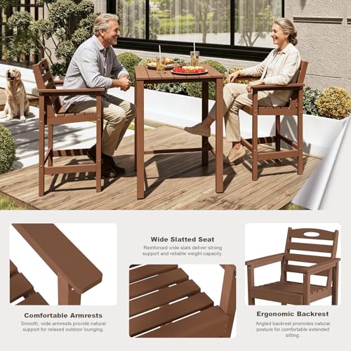 Image of Domi HDPE Adirondack Patio Table and Chairs Set of 3, Adirondack bar Height Outdoor Table and Chairs, All-Weather HDPE Outdoor Bar Set for Poolside, Patio, Backyard, Brown