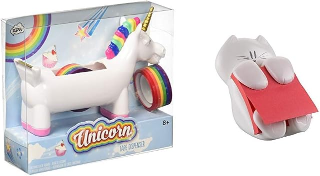 NPW Sticky Tape Dispenser Holder - White Unicorn Tape Dispenser &Post-it 76 x 76 mm Z-Note Dispenser with Cat Design Funny sticky Notes Dispenser, Poppy red colour, 1 pad of sticky Z-notes