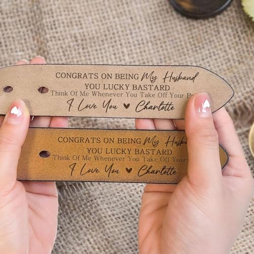 Generic Congrats On Being My Husband You Lucky Bastard - Personalized Engraved Leather Belt, 43 inches, Brown / Black4