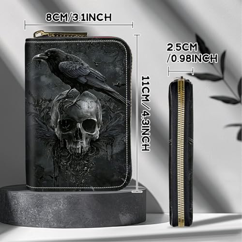 Image of Cute Credit Card Holder with Zipper, Crow Skull RFID-Blocking Card Case Small Wallet for Women Men, Multi-slot Card Organizer Case Travel Accordion Wallet